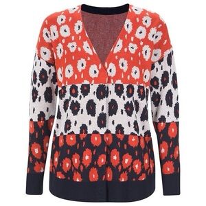 CAbi Spring Upbeat Cardigan Navy Blue, white, mandarin coral print, size Small